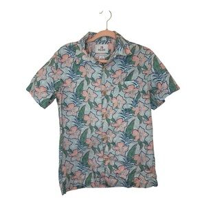 28 Palms Men’s Hawaiian Shirt Pink Blue Floral Button Down Resort Vacation Small